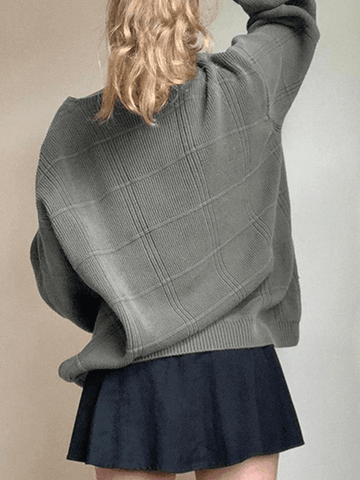 Sonicelife-Gray Plaid Pullover Knit Sweater