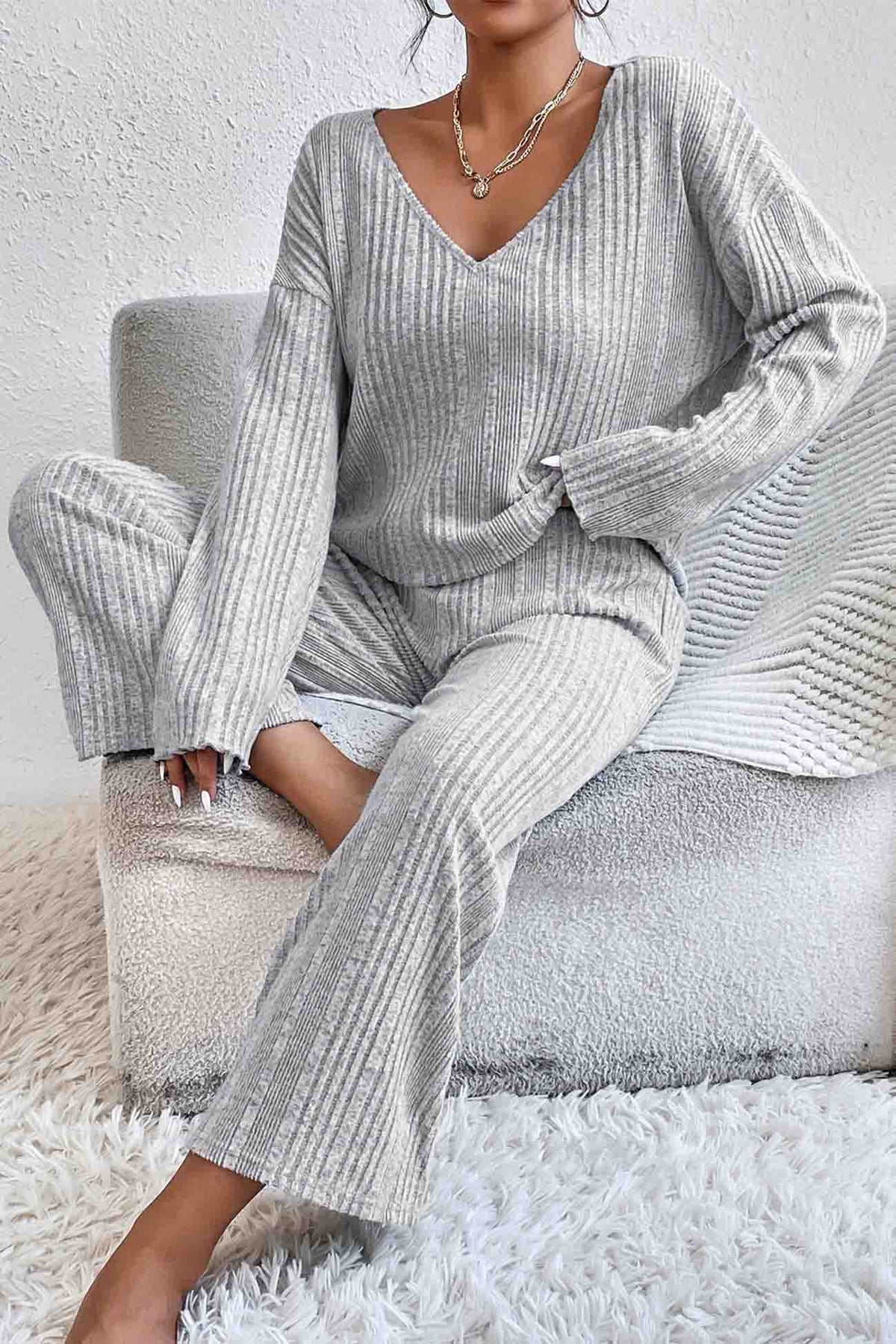 Sonicelife V Neck Ribbed Long Sleeve Two-Piece Set