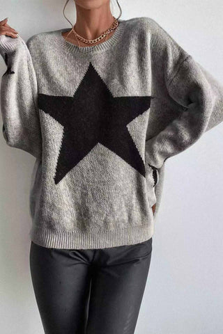 Sonicelife Crew Neck Star Long Sleeve Knitted Sweater