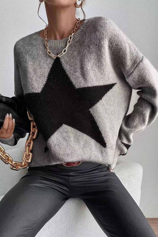 Sonicelife Crew Neck Star Long Sleeve Knitted Sweater