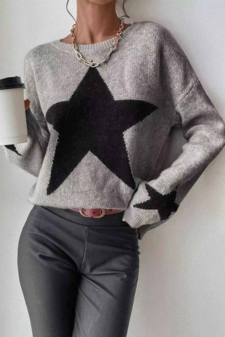 Sonicelife Crew Neck Star Long Sleeve Knitted Sweater
