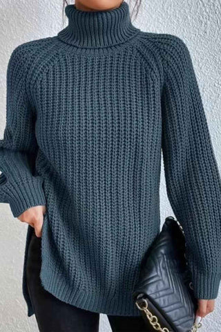 Sonicelife Raglan Sleeve Turtleneck Slit Mid-Length Sweater