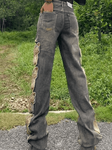 Sonicelife-High Waist Embroidered Ripped Loose Fit Ripped Jeans