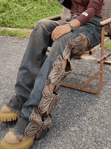 Sonicelife-High Waist Embroidered Ripped Loose Fit Ripped Jeans