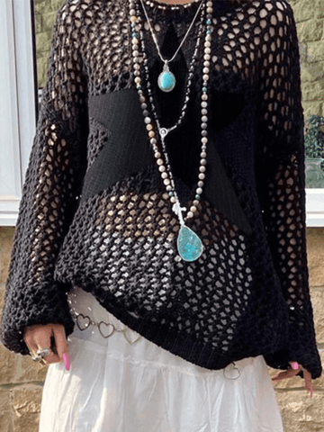 Back To School Sonicelife Hollow Out Star Crochet Knit Top