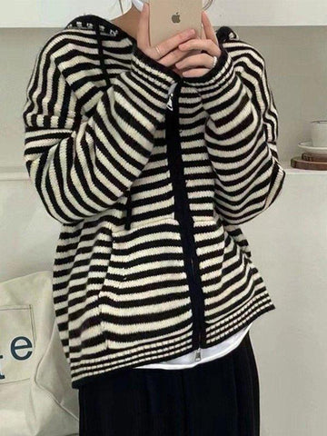 Back To School Sonicelife Hooded Striped Long Sleeve Knit Cardigan