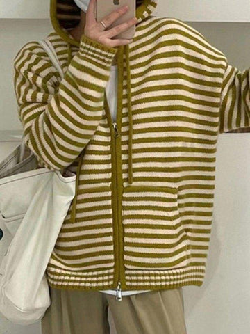 Back To School Sonicelife Hooded Striped Long Sleeve Knit Cardigan