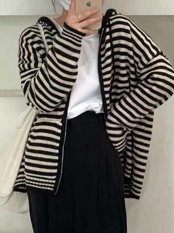 Back To School Sonicelife Hooded Striped Long Sleeve Knit Cardigan