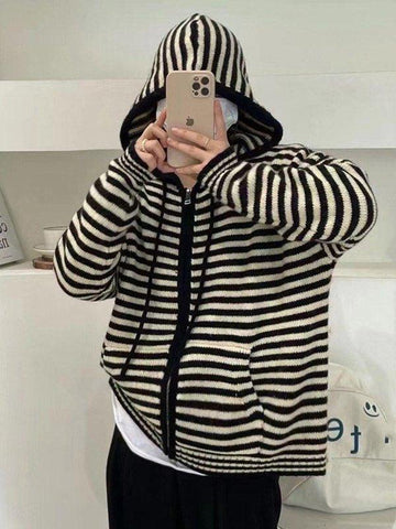 Back To School Sonicelife Hooded Striped Long Sleeve Knit Cardigan