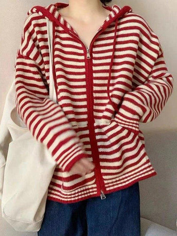 Back To School Sonicelife Hooded Striped Long Sleeve Knit Cardigan