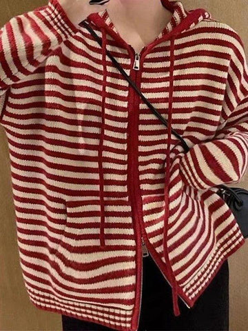 Back To School Sonicelife Hooded Striped Long Sleeve Knit Cardigan