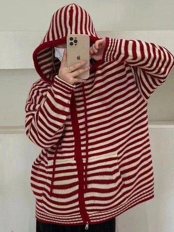 Back To School Sonicelife Hooded Striped Long Sleeve Knit Cardigan