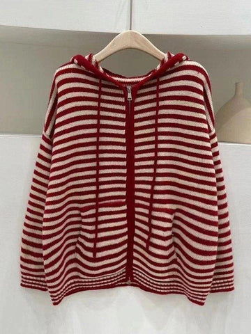 Back To School Sonicelife Hooded Striped Long Sleeve Knit Cardigan