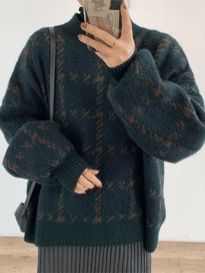 Back To School Sonicelife Houndstooth Checkered Knit Sweater