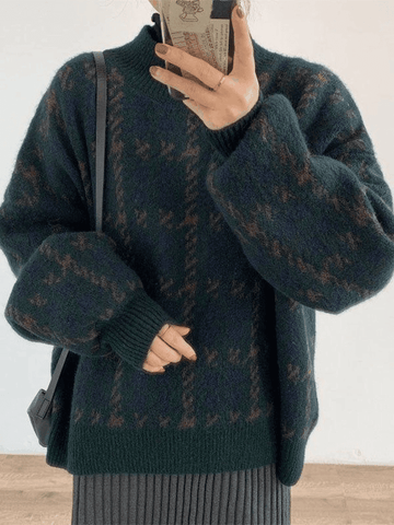 Back To School Sonicelife Houndstooth Checkered Knit Sweater