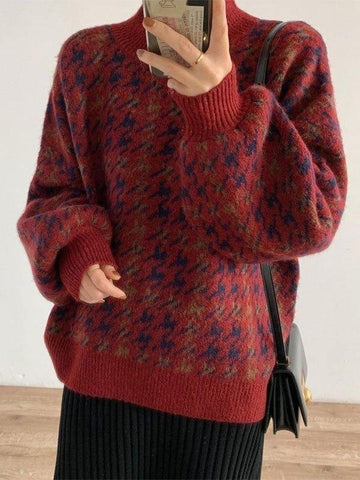 Back To School Sonicelife Houndstooth Checkered Knit Sweater