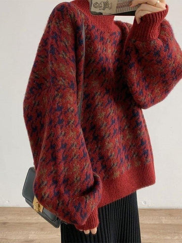 Back To School Sonicelife Houndstooth Checkered Knit Sweater