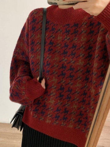 Back To School Sonicelife Houndstooth Checkered Knit Sweater