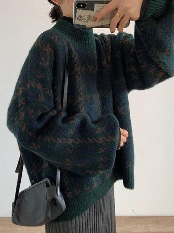 Back To School Sonicelife Houndstooth Checkered Knit Sweater