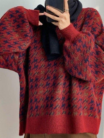 Back To School Sonicelife Houndstooth Checkered Knit Sweater