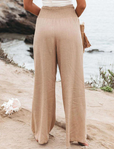 Sonicelife-Smocked Waist Side-seam Wide Leg Linen Pants