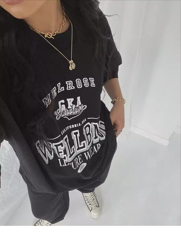 Back To School Sonicelife American Retro Black Letter Short-sleeved T-shirt Women's Summer European And American Street Oversize Half-sleeved Top