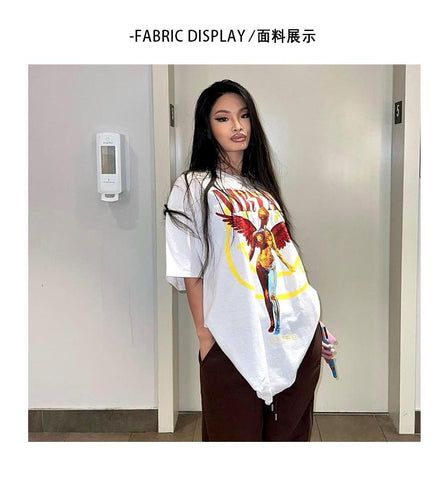 Back To School Sonicelife American Retro White Angel Short-sleeved Female Niche Design Sense European And American Oversize Half-sleeved T-shirt Hot Girl Top