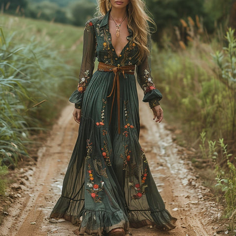 Sonicelife 2024 cybergoth dress to impress Autumn New Retro Pastoral V-neck Long-sleeved Dress Dress