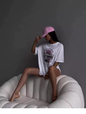 Back To School Sonicelife American Retro Vintage White Short-sleeved T-shirt Women's European And American High Street Loose Half-sleeved Spice Girl's Lower Body Missing Top
