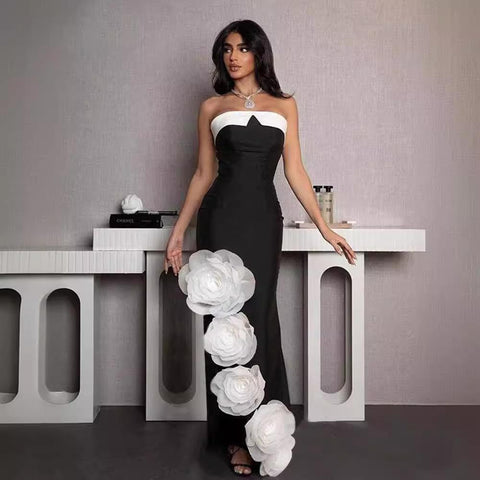 Sonicelife Women's Summer High-end Dress With Big Flower Strapless Bandage Dress Women's Banquet Women's Elegant Dress