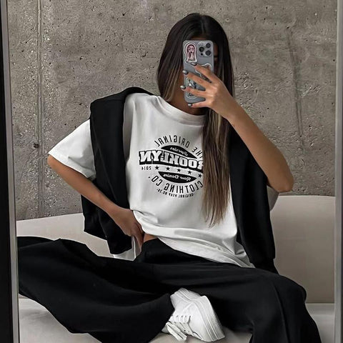Back To School Sonicelife American Retro White Short-sleeved T-shirt Women's Summer European And American Street Loose Hot Girl Half-sleeved Niche Top