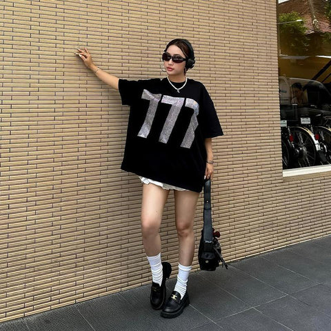 Back To School Sonicelife American Style Retro Cleanfit Digital Printing Pure Cotton Short-sleeved T-shirt Women's National Fashion Oversize Hot Girl Top Fashion