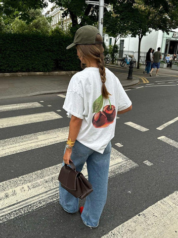 Back To School Sonicelife American Style Retro Fruit Cherry Print Pure Cotton Short-sleeved T-shirt Summer Women's National Fashion Oversize Hot Girl Top Fashion