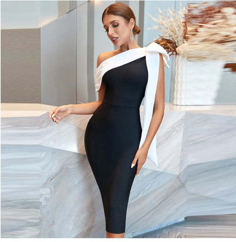 Sonicelife Summer Sexy Shoulder Color-block Bow Bandage Dress Tight Hip Elegant Party Dress Middle-aged Women's Clothing