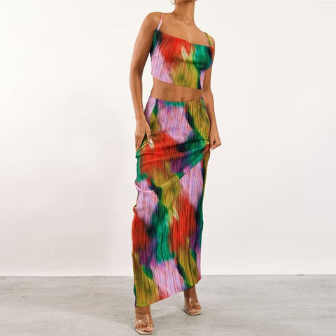 Sonicelife 2024 Printed Pleated Two-piece Sling Top Slim-fit Long Dress Women's Suit