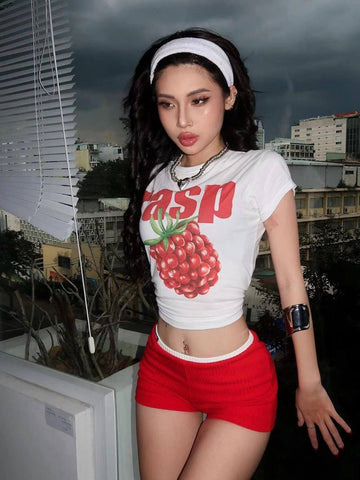 Back To School Sonicelife American Style Retro Y2K Millennium Style Raspberry Short Short-sleeved T-shirt Women's Summer Spice Girls Slim-fit Shoulder Navel Sweet Hot Top