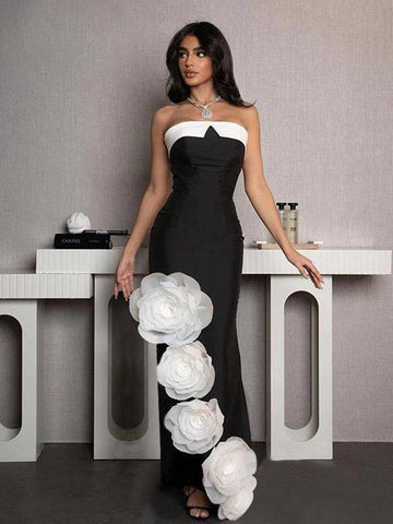 Sonicelife Women's Summer High-end Dress With Big Flower Strapless Bandage Dress Women's Banquet Women's Elegant Dress