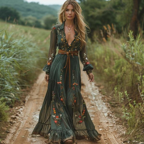 Sonicelife 2024 cybergoth dress to impress Autumn New Retro Pastoral V-neck Long-sleeved Dress Dress