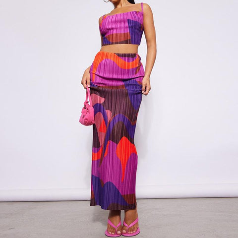 Sonicelife 2024 Printed Pleated Two-piece Sling Top Slim-fit Long Dress Women's Suit