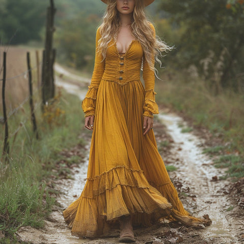 Sonicelife 2024 cybergoth dress to impress Europe And America Amazon Autumn Women's Vintage V-neck Long Sleeve Dress Pastoral Style Solid Color Dress