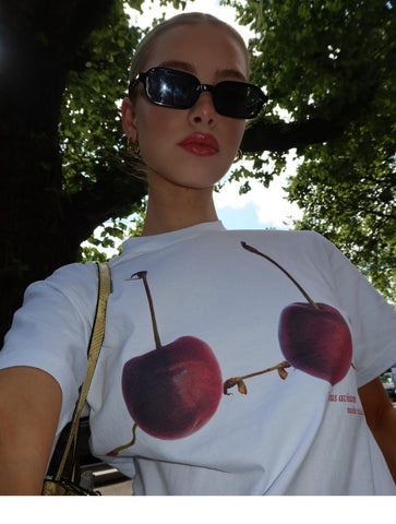 Back To School Sonicelife American Style Retro Fun Cherry Fruit Bikini Stereoscopic Printed Short-sleeved T-shirt Women's National Trendy Loose Hot Girl Top