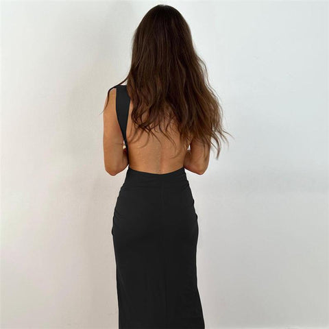 Sonicelife Style 2024 Spring And Summer New Women's Fashion Backless Sexy V-Neck Shown Leg Long Split Dress Women