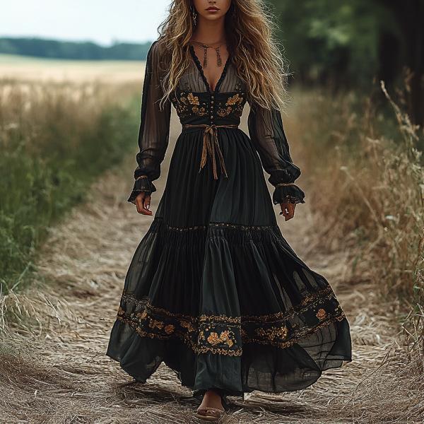 Sonicelife 2024 cybergoth dress to impress Women's Vintage Bohemian Dress Floral Print Pastoral V-neck Long Sleeve Dress