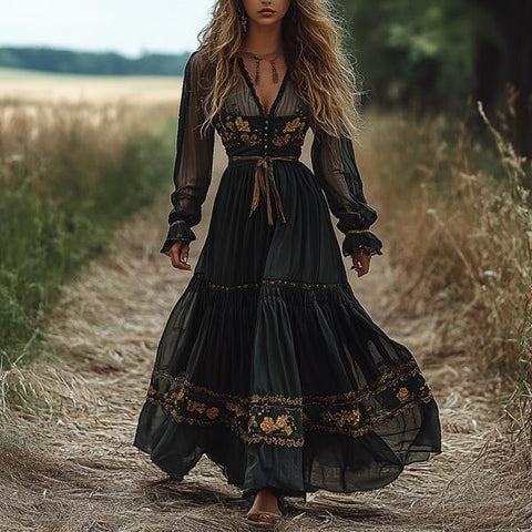 Sonicelife 2024 cybergoth dress to impress Women's Vintage Bohemian Dress Floral Print Pastoral V-neck Long Sleeve Dress