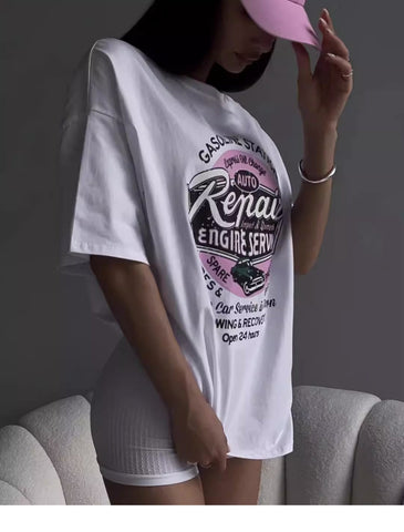 Back To School Sonicelife American Retro Vintage White Short-sleeved T-shirt Women's European And American High Street Loose Half-sleeved Spice Girl's Lower Body Missing Top
