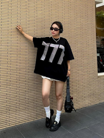 Back To School Sonicelife American Style Retro Cleanfit Digital Printing Pure Cotton Short-sleeved T-shirt Women's National Fashion Oversize Hot Girl Top Fashion