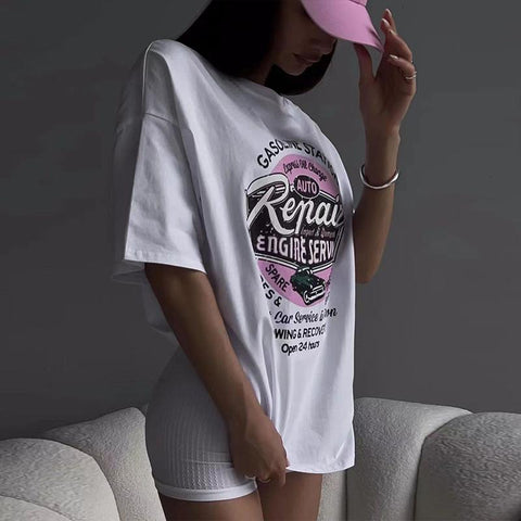 Back To School Sonicelife American Retro Vintage White Short-sleeved T-shirt Women's European And American High Street Loose Half-sleeved Spice Girl's Lower Body Missing Top