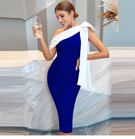 Sonicelife Summer Sexy Shoulder Color-block Bow Bandage Dress Tight Hip Elegant Party Dress Middle-aged Women's Clothing