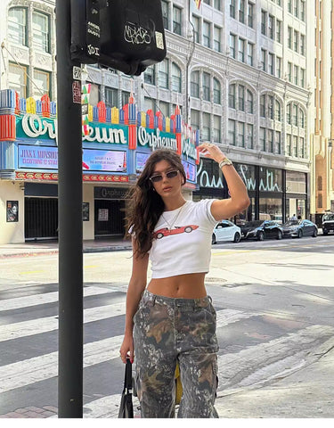 Back To School Sonicelife American Style Retro Y2K Millennium Style White Sports Car Short Short-Sleeved T-Shirt Women's Hot Girl Slim-Fit Bm Shoulder Sweet And Hot Top