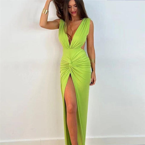 Sonicelife Style 2024 Spring And Summer New Women's Fashion Backless Sexy V-Neck Shown Leg Long Split Dress Women
